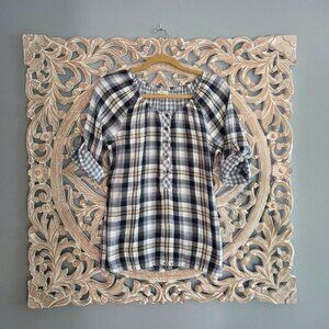 Ruff Hewn blue and white plaid three-quarter sleeve top Medium